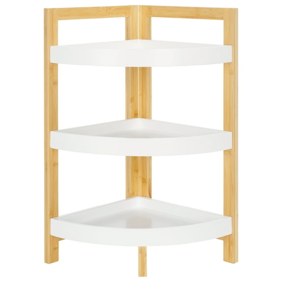 SAFAVIEH Adler 3 Tier Corner Shelf, White/Natural Bamboo (11.8 in. W x 11.8 in. D x 23.6 in. H)