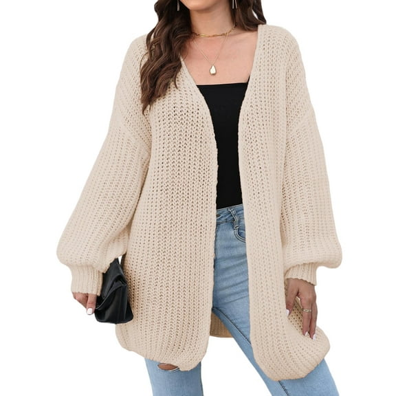 Women'S V-Neck Open Front Chunky Cardigan Lantern Long Sleeve Oversized Knit Outwear with Pocket  One Size