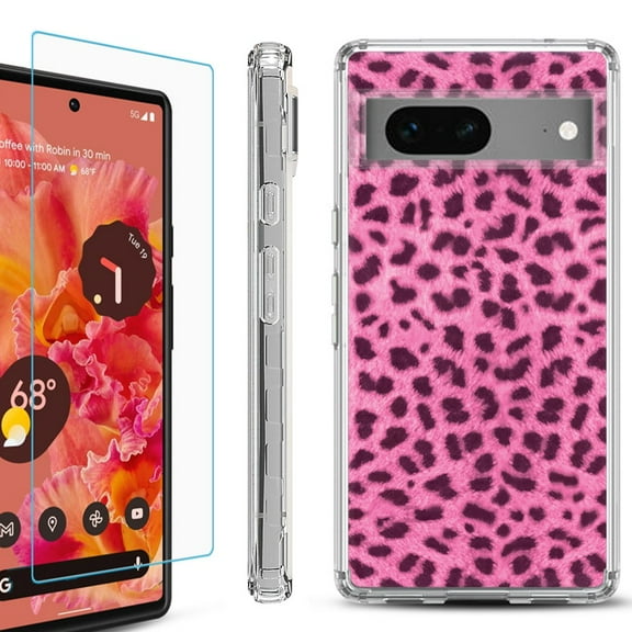 OneToughShield ® for Google Pixel 7a Shockproof Bumper Phone Case, with Tempered Glass Screen Protector - Cheetah Pink