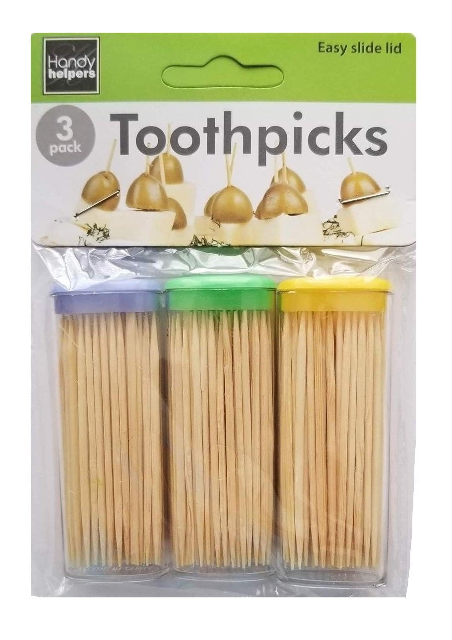 3pack Toothpick Travel Storage Containers with Dispenser Lids Includes 150 Natural Wood