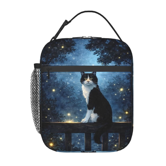Black White Cat Lunch Bag Reusable Thermal Lunch Tote with Handle for Women and Men