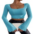 thumbnail image 1 of Women Solid Color Ribbed Square Neck Lettuce Hem Show Navel T-Shirts Spring Autumn Flare Long Sleeve Slim Crop Tops Black M, 1 of 6
