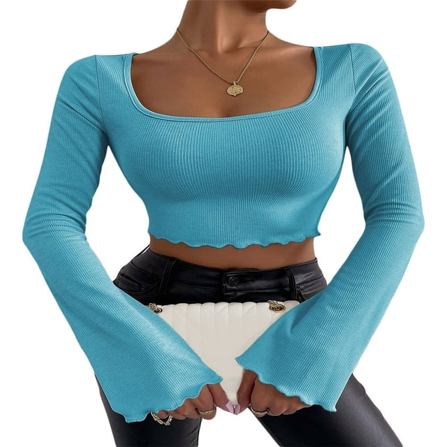 Women Solid Color Ribbed Square Neck Lettuce Hem Show Navel T-Shirts Spring Autumn Flare Long Sleeve Slim Crop Tops Black M