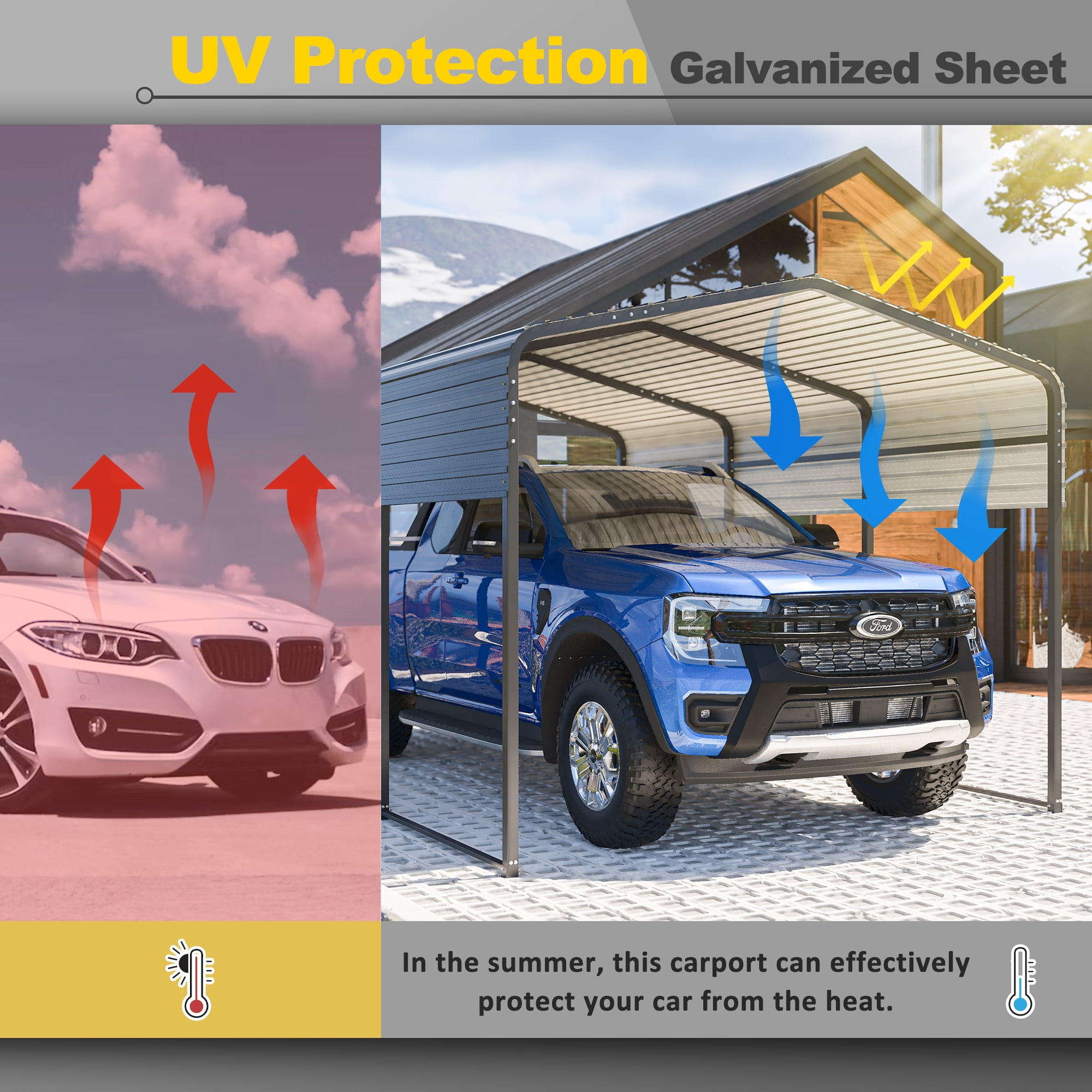 LZBEITEM 10x15 FT Metal Carport Kits, Heavy Duty Canopy with Galvanized Steel Roof, Outdoor Car Tent Garage Shelter Shade for Cars, Boats, and Tractors