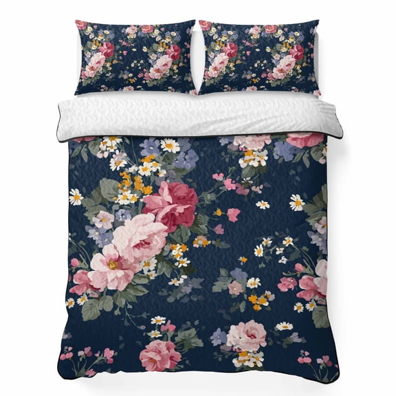 Quilts Queen Size Bedding Set, Farmhouse Flowers Lightweight Quilted Comforter, Country Pink Red Floral Leaf Navy Blue Soft Reversible Bedspread Coverlet with Pillow Covers for All Season, 90" x 96"