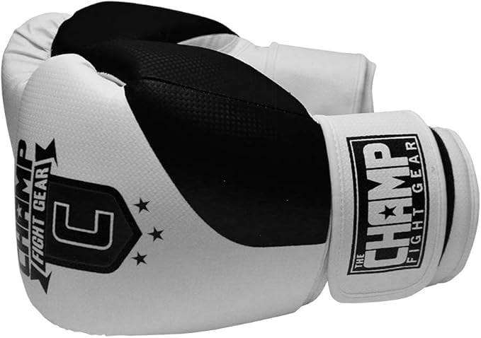 The Champ Fight Gear Alpha Series Boxing Gloves with Wrist Support for Boxing Kickboxing Muay Thai Training or Sparring Punching Bag Mitts,Black/White, 12Oz
