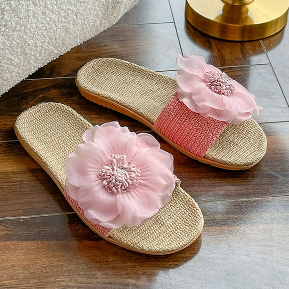 XIAQUJ Ladies slippers summer cool linen soles comfortable slippers soft soles outdoor breathable cotton linen sandals flower linen slippers Sandals for Women 2024 Pink 9