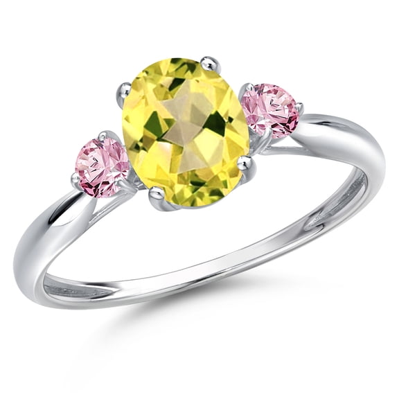 Gem Stone King 10K White Gold Canary Mystic Topaz and Pink Lab Grown Diamond 3-Stone Ring for Women | 1.82 Cttw | Oval 8X6MM | Gemstone November Birthstone | Size 8