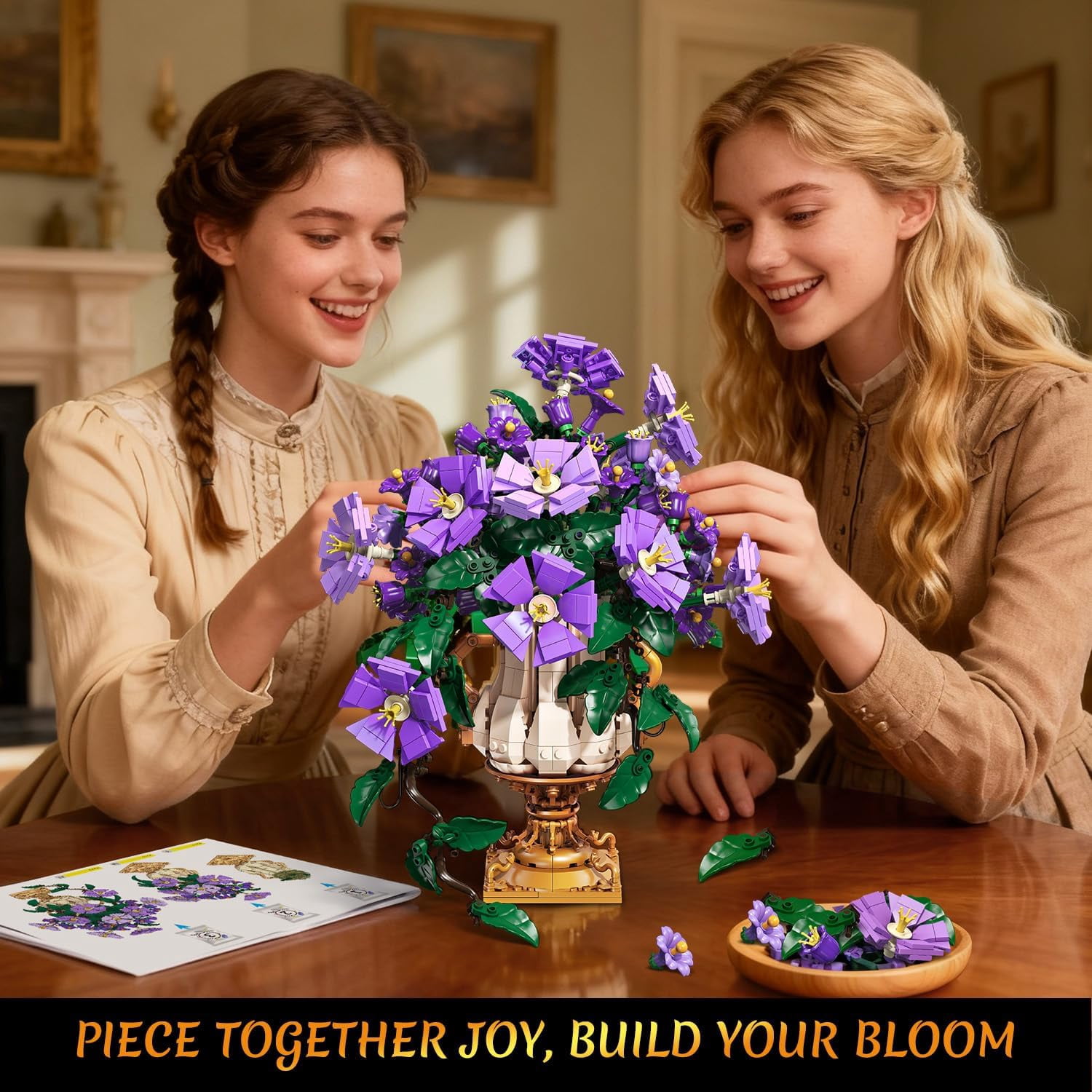 TERRAMUS Morning Glory Bouquet Building Set with Wall Mount, 1136 PCS Artificial Flower Blocks, 2-in-1 Desk Wall Display Construction Toy for Ages 12+