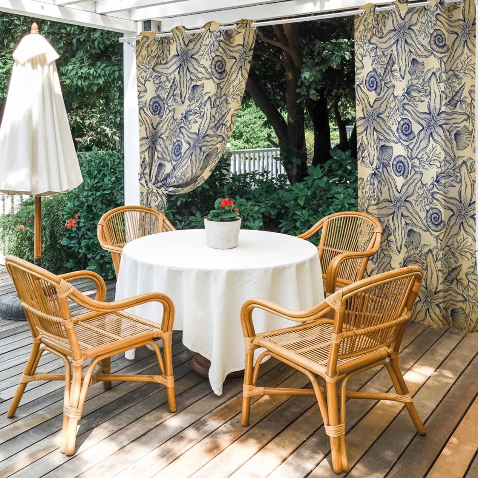 Vintage Ocean Flower Outdoor Curtains for Patio, Retro Nautical Brown Sea Shell Floral Sunshade Privacy Drapes Grommet Waterproof Outside Curtains for Porch/Cabana/Balcony 54"x 108", 1 Panel