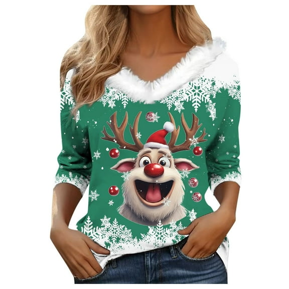 Women's Autumn Winter Casual Fashion V Neck Collar Christmas Print Long Sleeve T Shirt Tops Casual Shirts