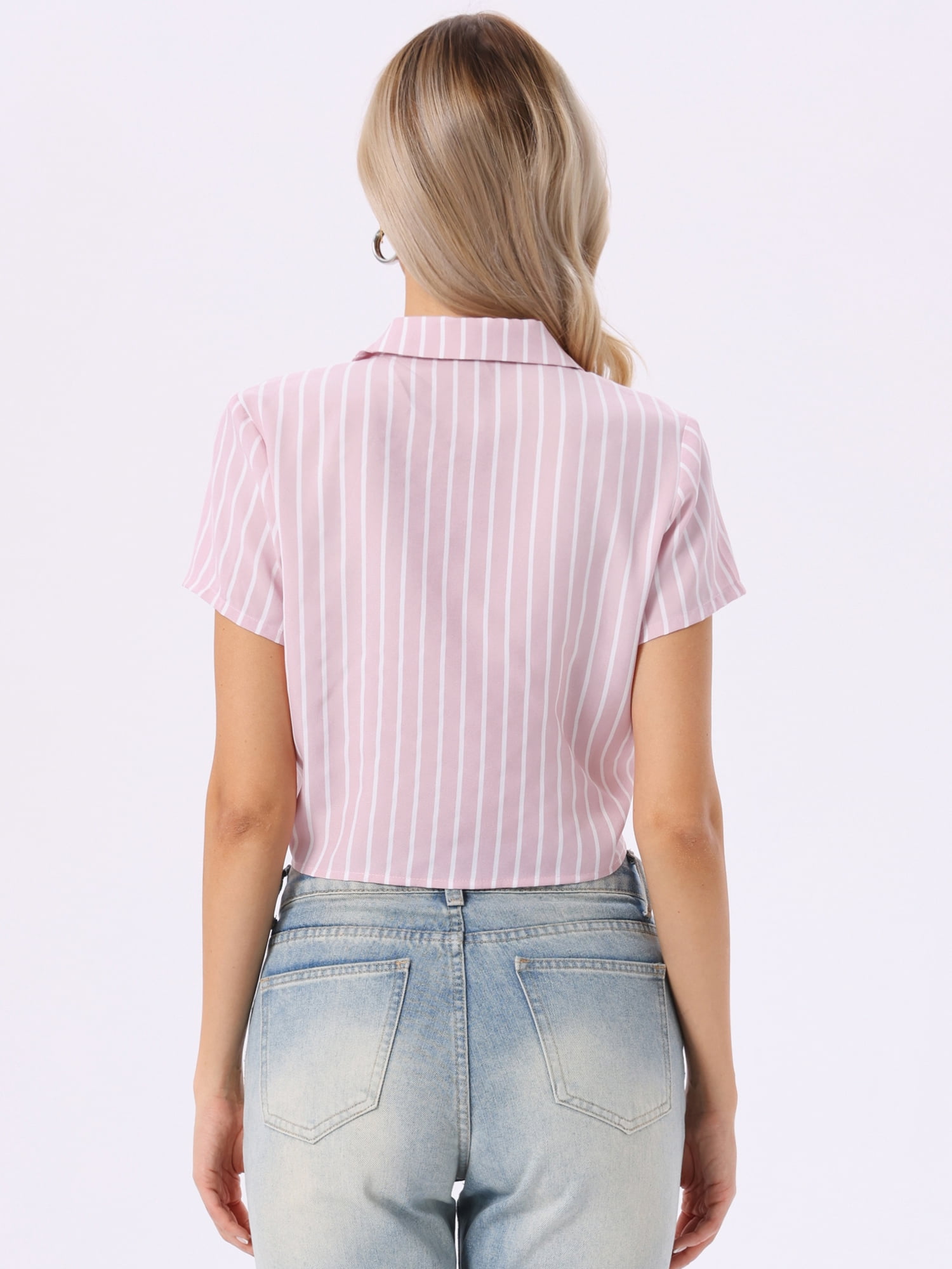 DARING DIVA Women's Striped Button Up Lapel Collar Tie Front Crop Shirt XL Pink Striped