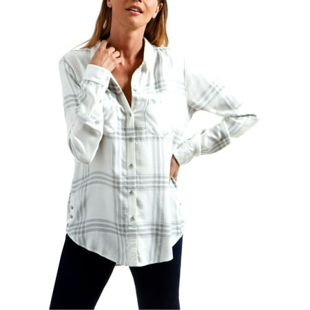 Lucky Brand Womens Metallic Plaid Button-Down Top White XL