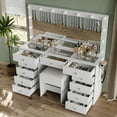 thumbnail image 4 of 11 Drawers Makeup Vanity with Charging Station, Vanity Desk with 13 LED Bulbs and HD Mirror, 3 Color Brightness Adjustable, Glass Top Vanity Set for Bedroom, 4 of 8