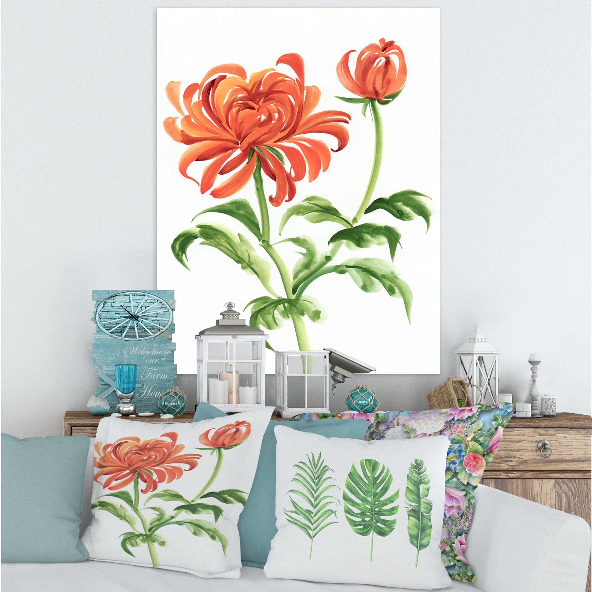 Ancient Orange Chrysanthemum Flower 16 in x 32 in Painting Canvas Art Print, by Designart