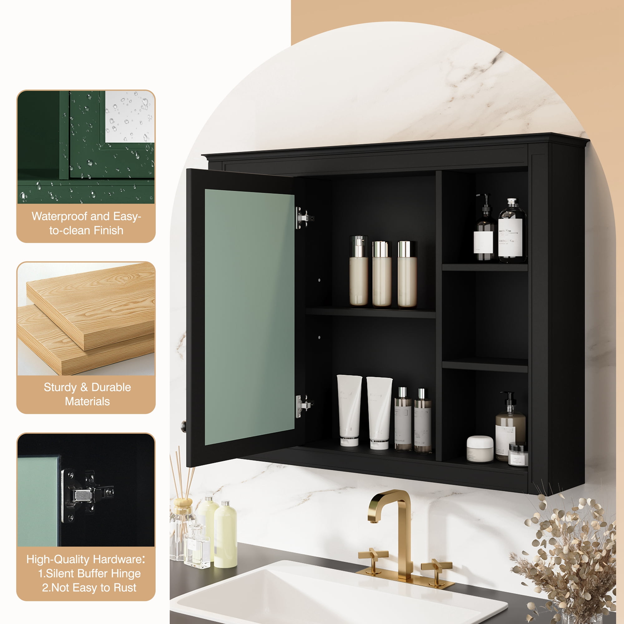 Euroco 35'' x 27.5'' Medicine Cabinet, Wall Mounted Bathroom Storage Cabinet, Modern Bathroom Wall Cabinet with Mirror, Mirror Cabinet with 6 Open Shelves (Not Include Bathroom Vanity )