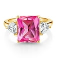 thumbnail image 2 of Gem Stone King 18K Yellow Gold Plated Silver Pink Created Sapphire 3 Stone Ring for Women (8.14 Cttw, Octagon 12X10MM, Trillion 5X5MM, September Birthstone, Size 8), 2 of 3