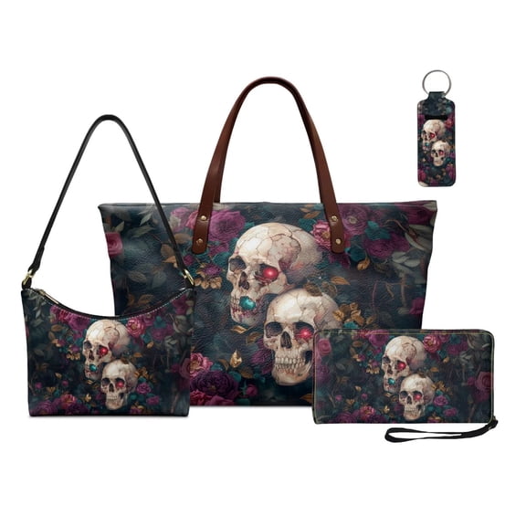 Kuiaobaty 4 Pcs Handbag and Wallet Set for Women Skull Rose Print Tote Purse Lipstick Case Leather Underarm Bag Clutch Purse for Shopping