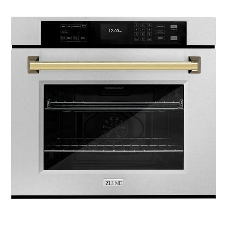 ZLINE 30" Autograph Single Wall Oven with Air Fry and Self-Clean in DuraSnowÂ® Stainless Steel and Gold Handle, WASSZ-30-G
