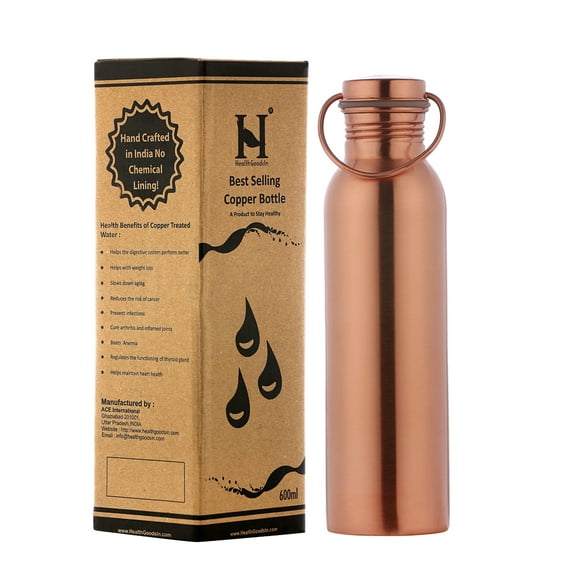 Copper Water Bottle with Handle For Ayurvedic Health Benefits - 600 Ml (20.28 Fl Oz)