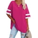 thumbnail image 2 of Camiseta de media manga para mujer con cuello en V a rayas, bloques de color, camisas holgadas de verano para oficina, trabajo, cumpleaños, rosa rojo XL, 2 of 5