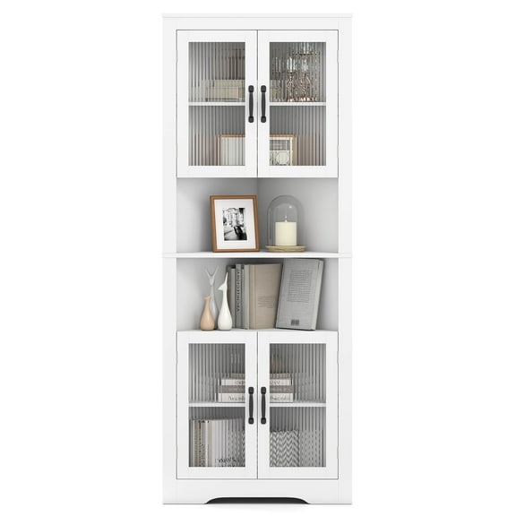 Costway 67" Tall Corner Hutch with  4 Fluted Glass Doors 3-Level Adjustable Shelves White