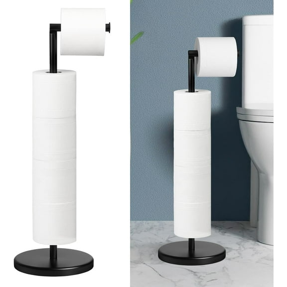 Toilet Paper Holder Stand, Stainless Steel Bathroom Toilet Paper Roll Holder Stand, Free Standing Toilet Paper Holder with Solid Weighted Base, Black