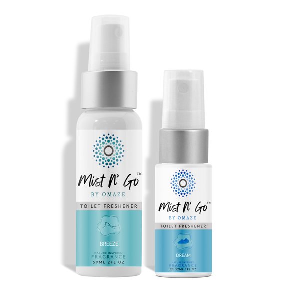 MIST N' GO By OMAZE Refresh Toilet Spray | Bathroom Spray Odor Eliminator | Toilet Smell Eliminator Deodorizer - Breeze 2 Oz x1 Dream 0.68 Oz x1