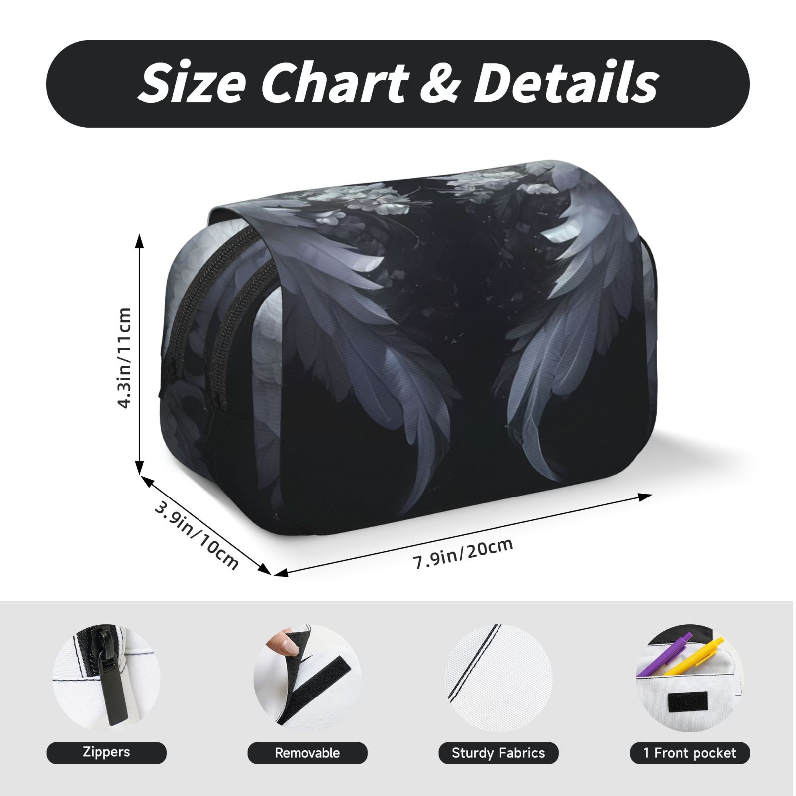 Rateoe Elegant Feathered Floral Wings Pattern Double Clamshell Pen Case, Storage Organizer with Two Zipper Compartments– Holds Up to 50 Pencils & Pens