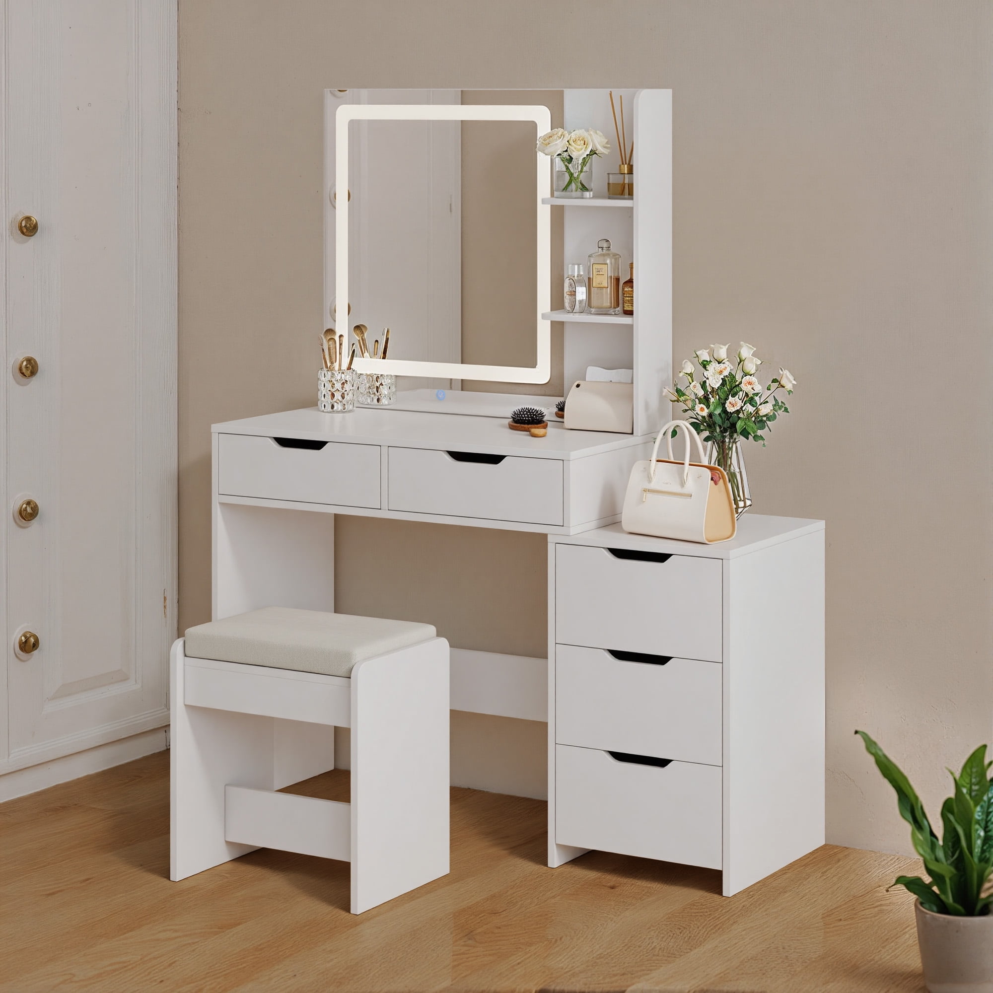 Aiho Makeup Dressing Table with Lighted Mirror - 3 Adjustable Color Modes, 5 Drawers & Storage Shelves, Vanity Set for Bedroom - White