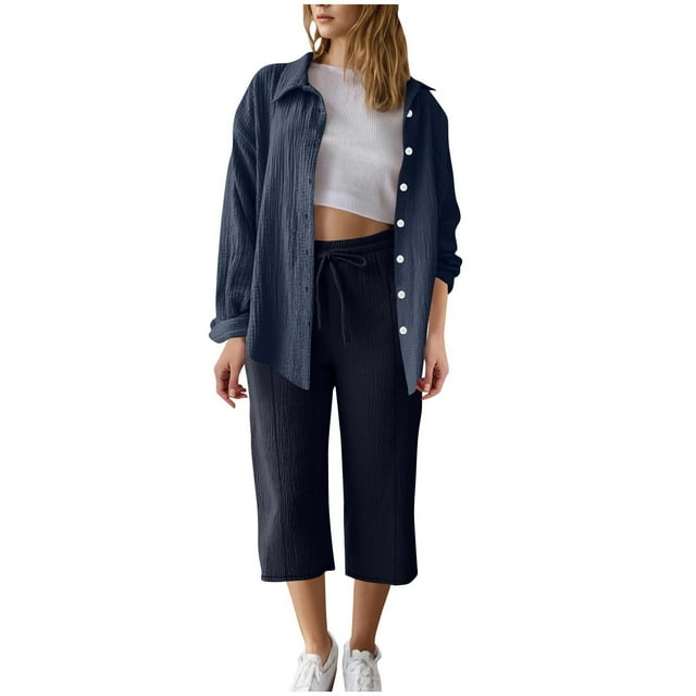 Floleo Ensemble d'Été pour Femmes, Blouse à Manches Longues et Pantacourt avec Poche, Col Rabattu, Tenue Décontractée et Confortable pour le Travail, les Rendez-Vous, les Vacances, Toutes Saisons, Polyester, Vêtement Mode (Bleu Foncé, 2TG)
