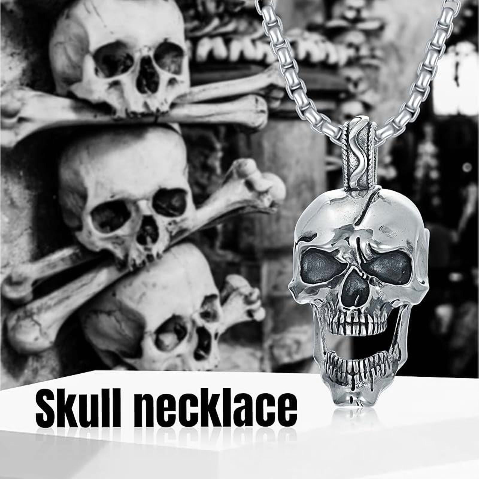 DVEATR Skull Head Necklace 925 Sterling Silver/18K Gold Plated/Black Gothic Skull Jewelry for Men, with Stainless Steel Chain 22+2 Inch