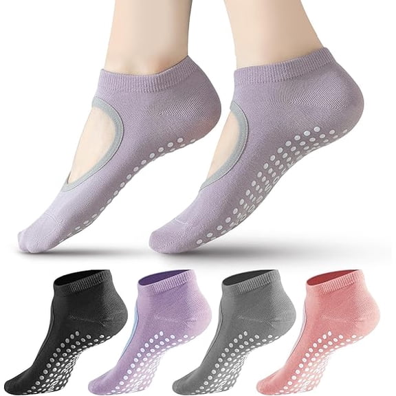 Yoga Grip Socks Women Non Slip – 4 Pairs Pilates Barre Dance Socks with Anti Skid Grips for Workout, Ballet and Barefoot Training