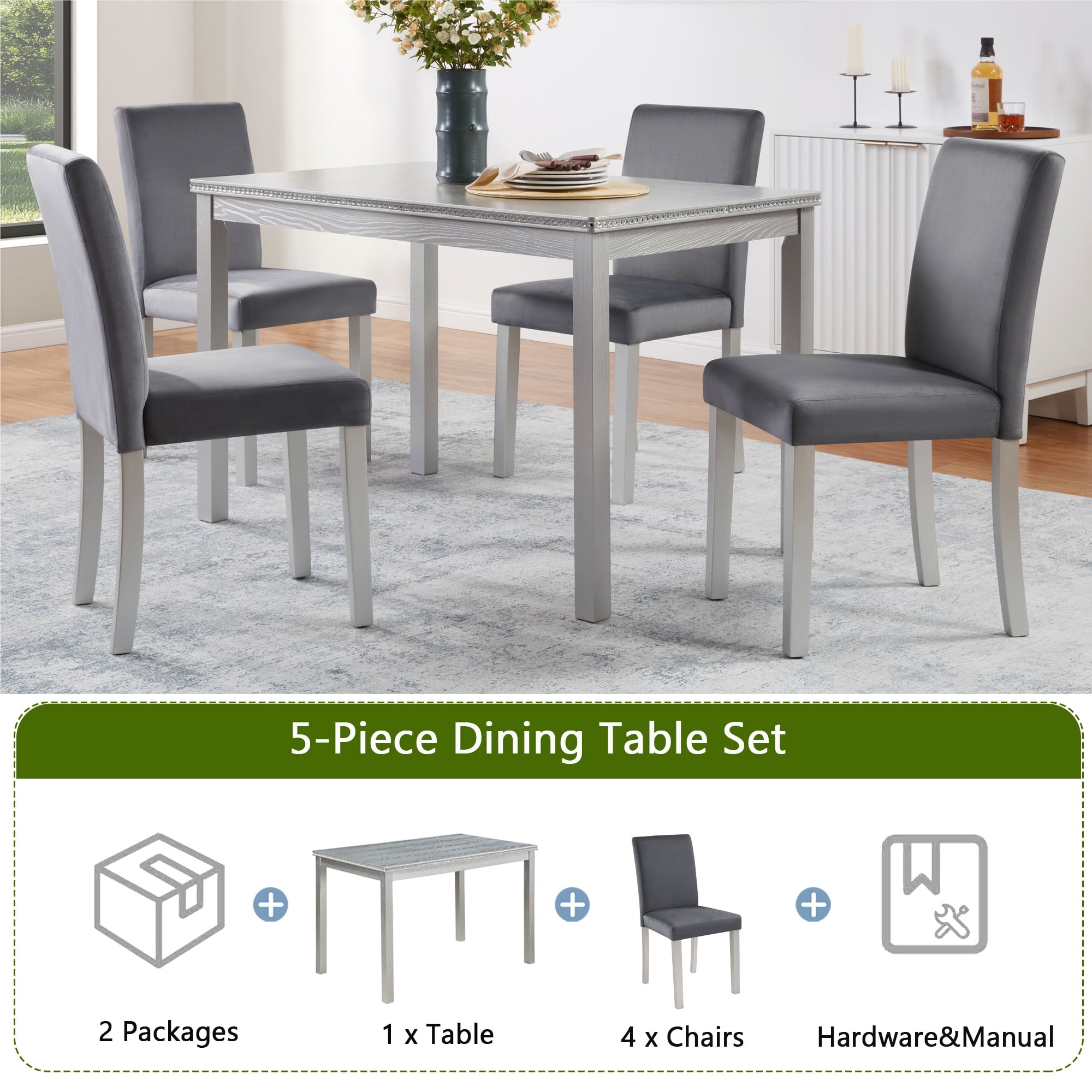 MAYEERTY 5-Piece Wooden Dining Table Set with 4 Upholstered Chairs for Kitchen Dining Room, Silver Grey