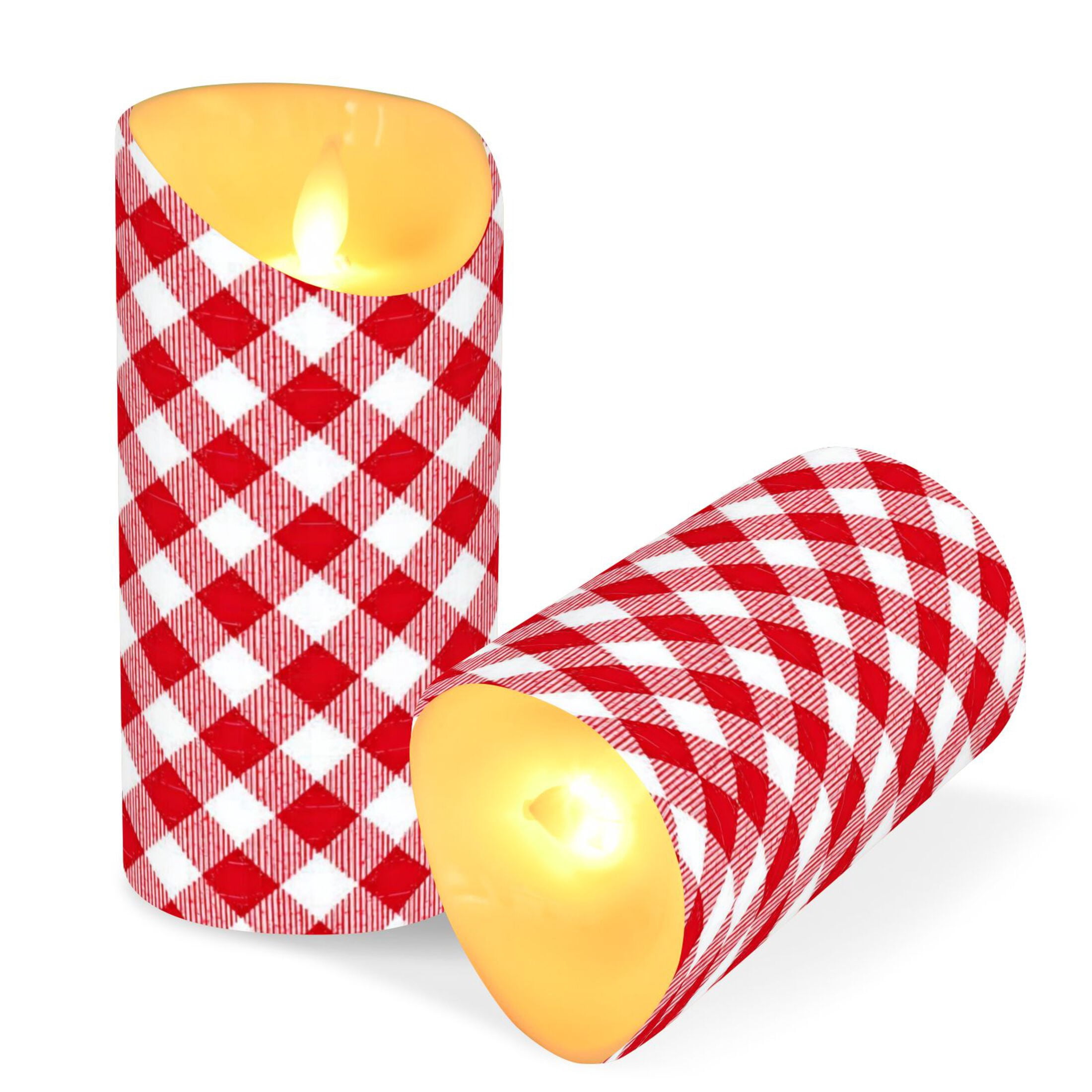 Iauyy Flameless Candles Battery Operated LED Pillar Candles with Remote and Timer, Red and White Checkered Pattern Set of 2 （M)