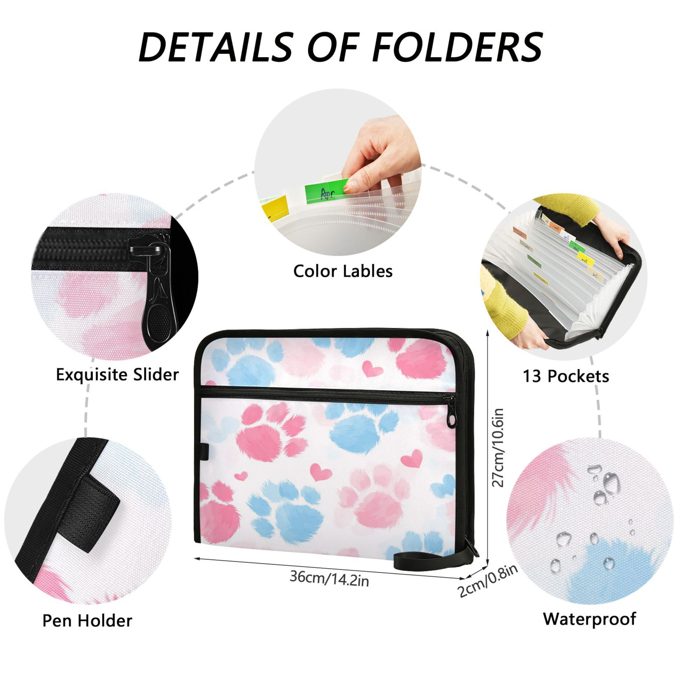 Folder Waterproof A4 Size File Folder Home Work Office Categorized Storage File Manager 13 Individual Pockets Plush Dog Paw Print Pattern