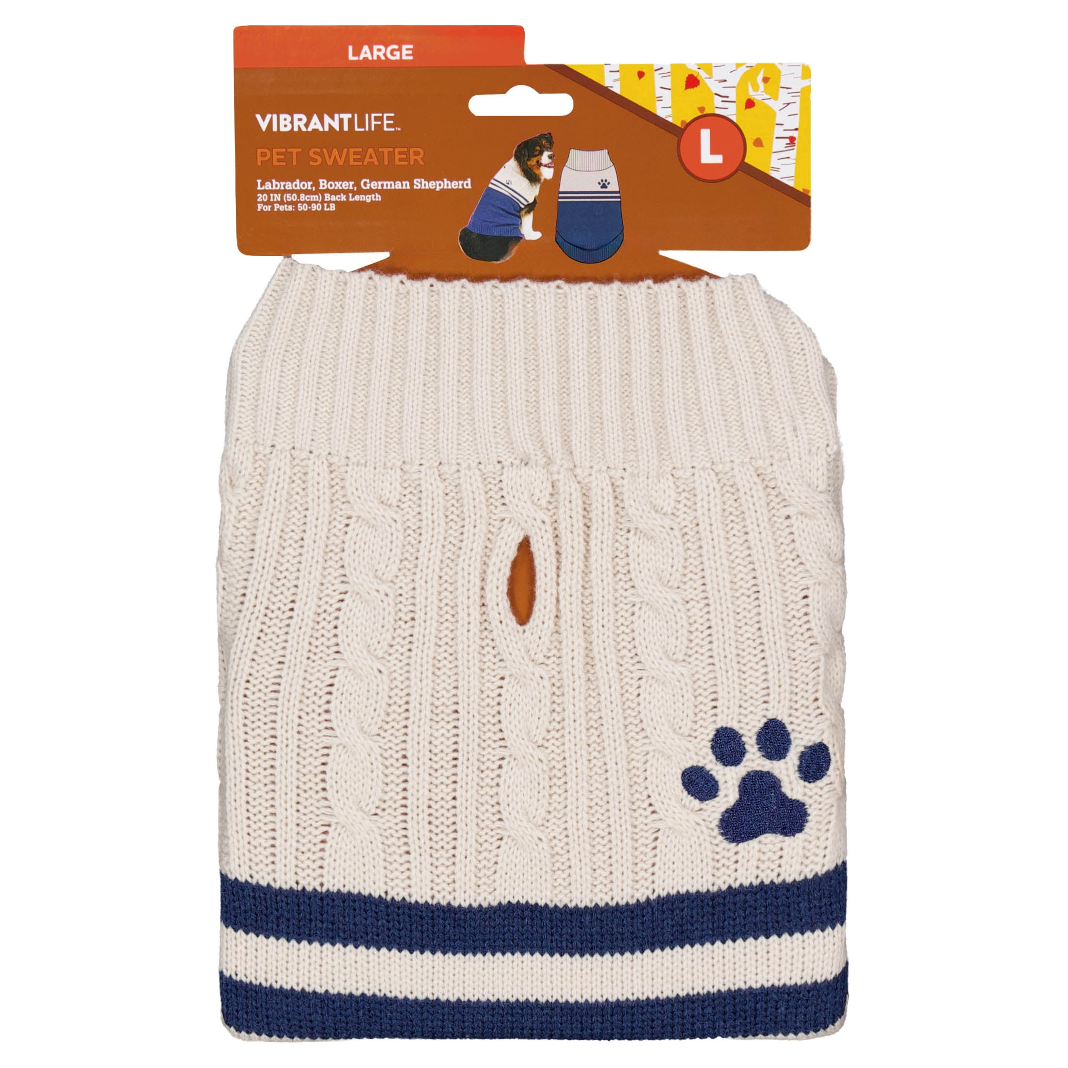 Vibrant Life Cable Knit Sweater for Dogs, Paw Print, Cream and Navy, L