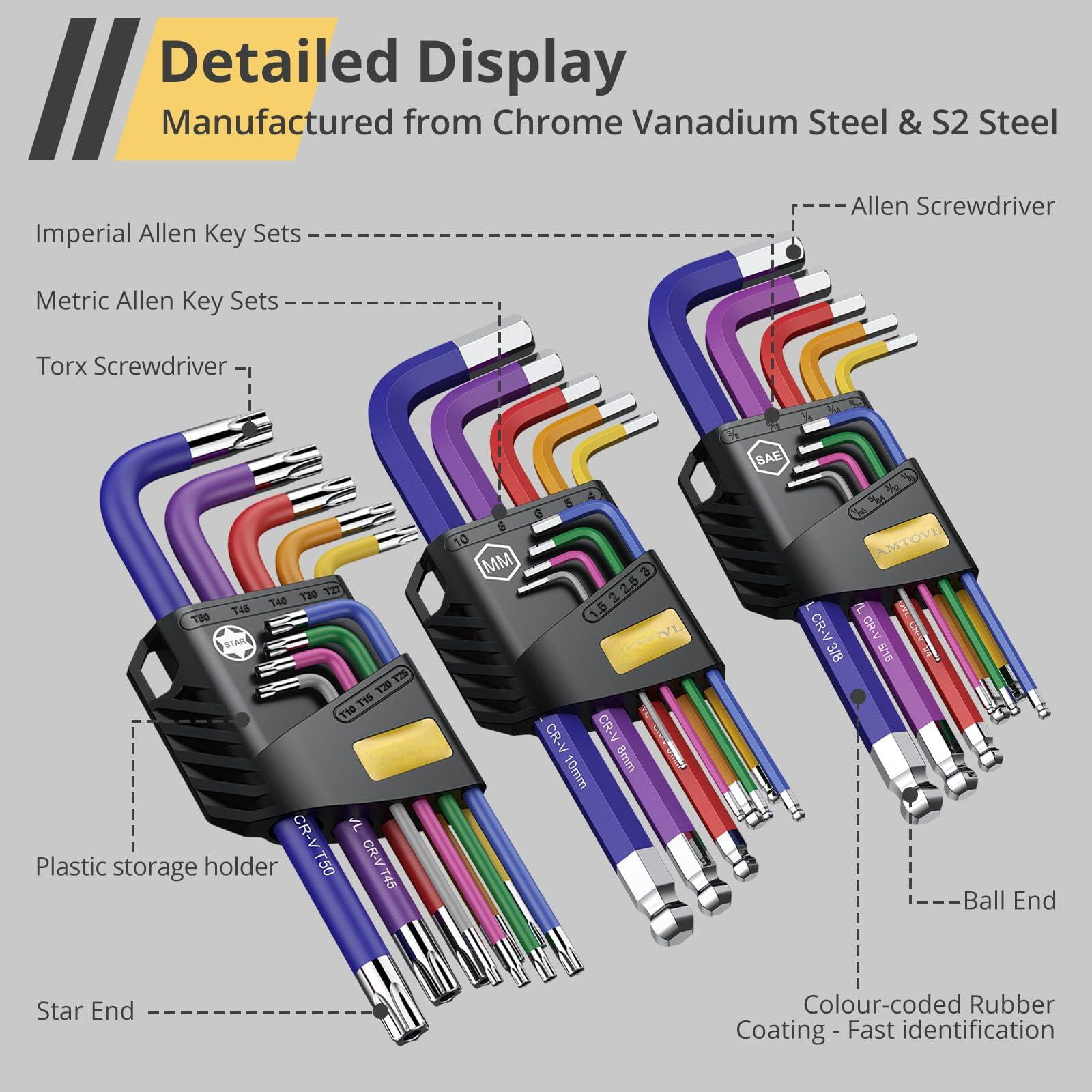 Hex Keys Set - Allen Key & Torx  Metric/imperial 27pcs Wrench Long Arm Ball Head Design With T-handle Color Coding 1.5-10mm T10-t50 1/16-3/8