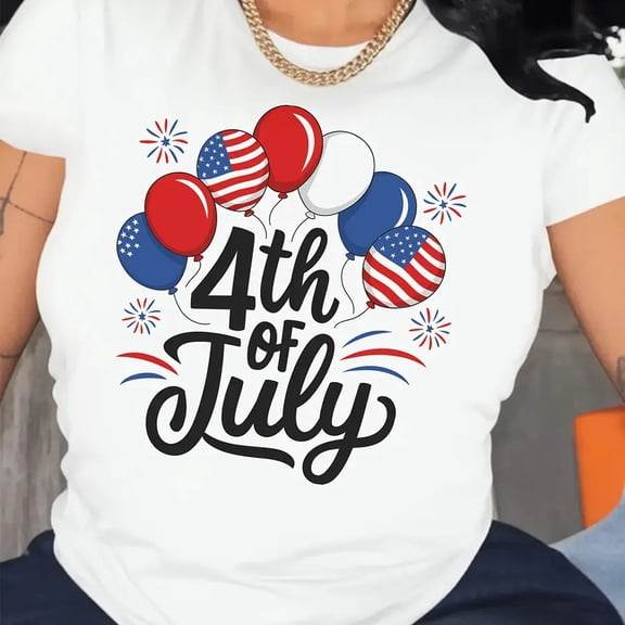 【New Arrival】Women 4th of July American Flag Balloon Firework Print T-Shirt USA Independence Day Casual Short Sleeve Cotton Tops