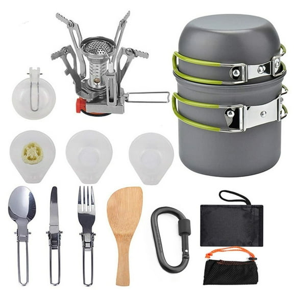 Ensemble Compact de Batterie de Cuisine en Alumine pour le Camping avec Mini Réchaud Pliable – Trousse Légère de Cuisson Extérieure Incluant Casseroles, Bols, Ustensiles et Sac de Transport, Idéal pour la Randonnée Sac au Dos, la Randonnée, les Pique-Niques et la Pêche (Vert