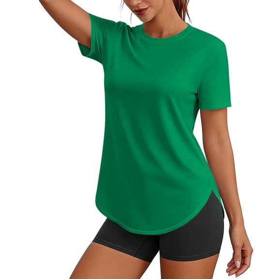 KIHOUT Women's Crew Neck Curved Hem Workout T-Shirt Short Sleeve Stretchy Athletic Casual Top