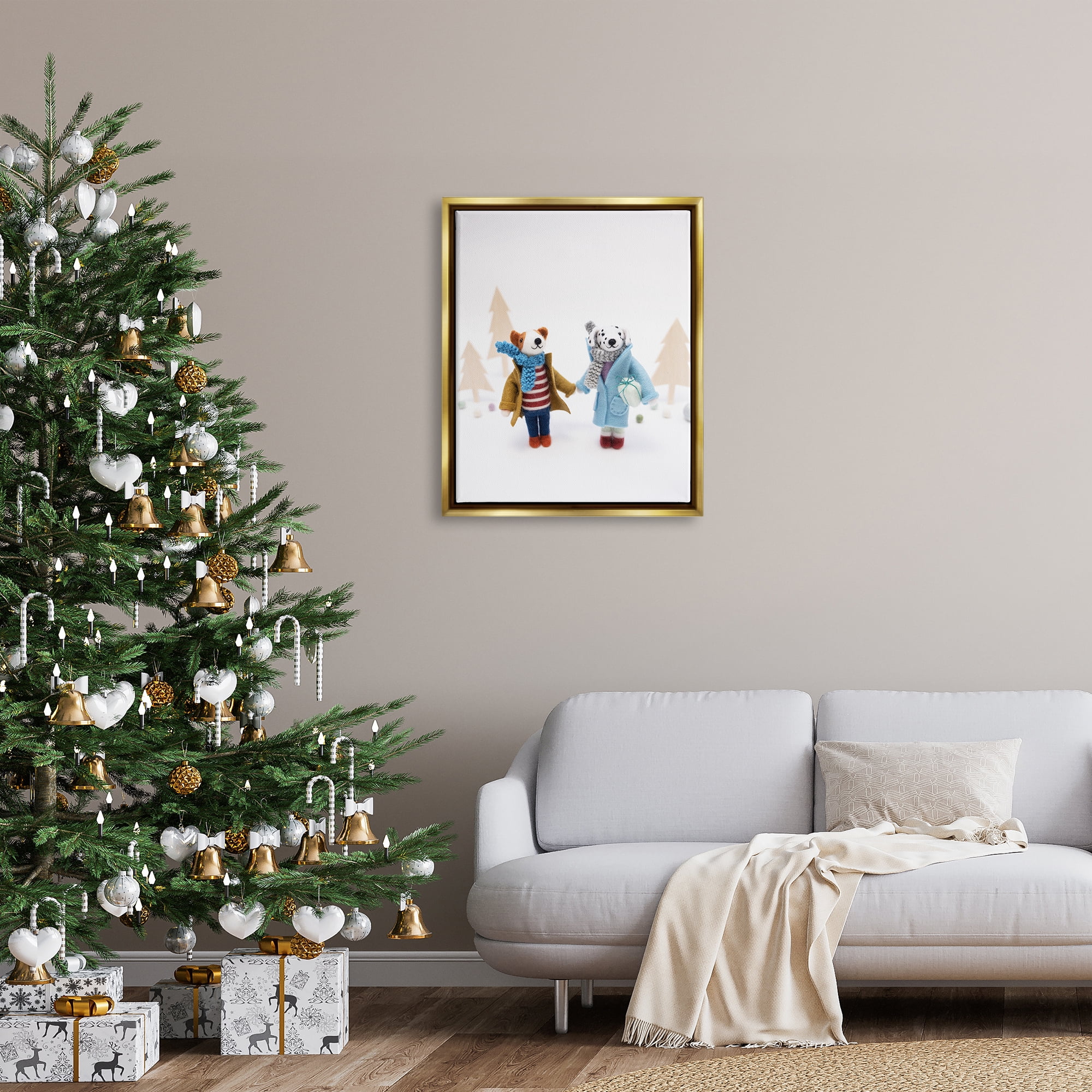 Stupell Industries Winter Holiday Gifts Dog Couple Holiday Photography Gold Floater Framed Art Print Wall Art