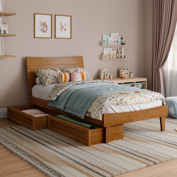 Phoenix Twin Solid Wood Platform Bed with Drawers in Light Toffee