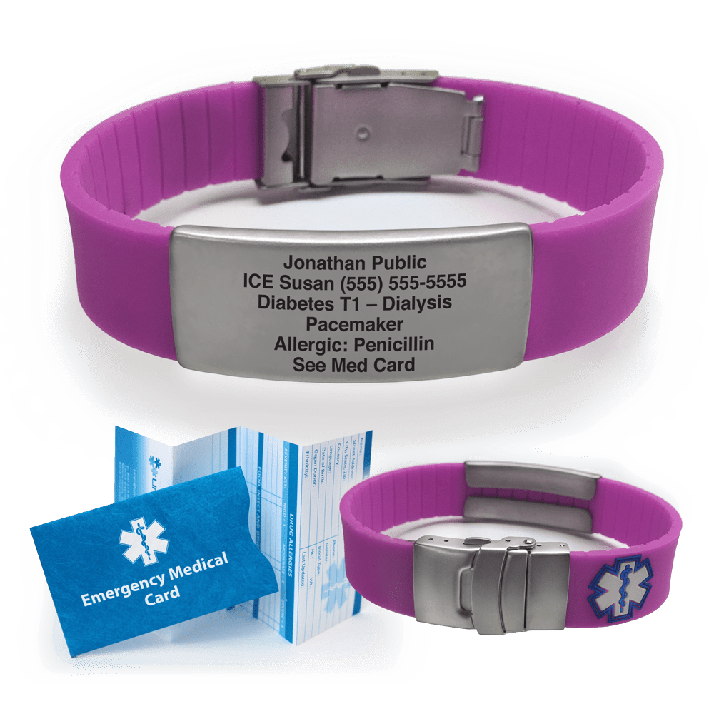 Custom Engraved Silicone SPORT Medical Alert ID Bracelet, Purple ...