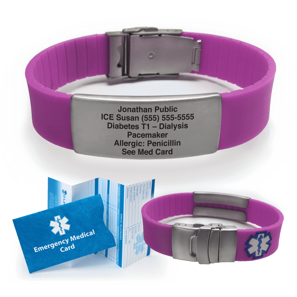 Custom Engraved Silicone SPORT Medical Alert ID Bracelet, Purple