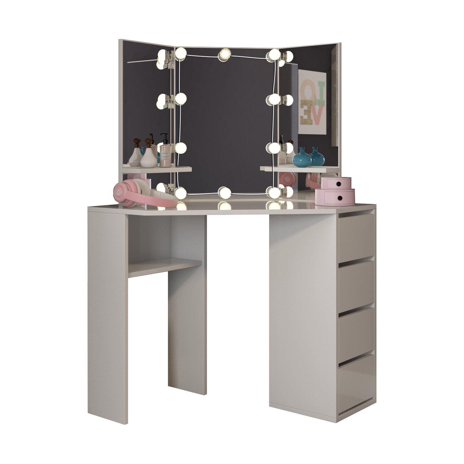 Jaylianiz Victory Corner Makeup Vanity with Mirror, 55.7'' H x 43.7