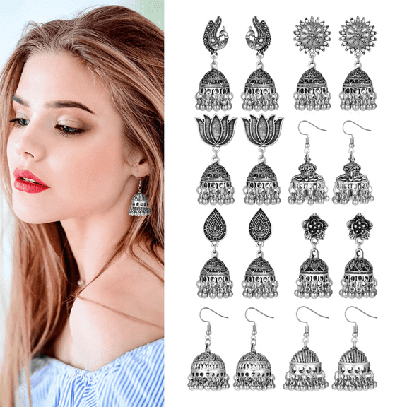 Indian Jhumka Earrings Set for Women, 8 Pairs Bohemian Dangle Earrings, Alloy Metal Gift Collection