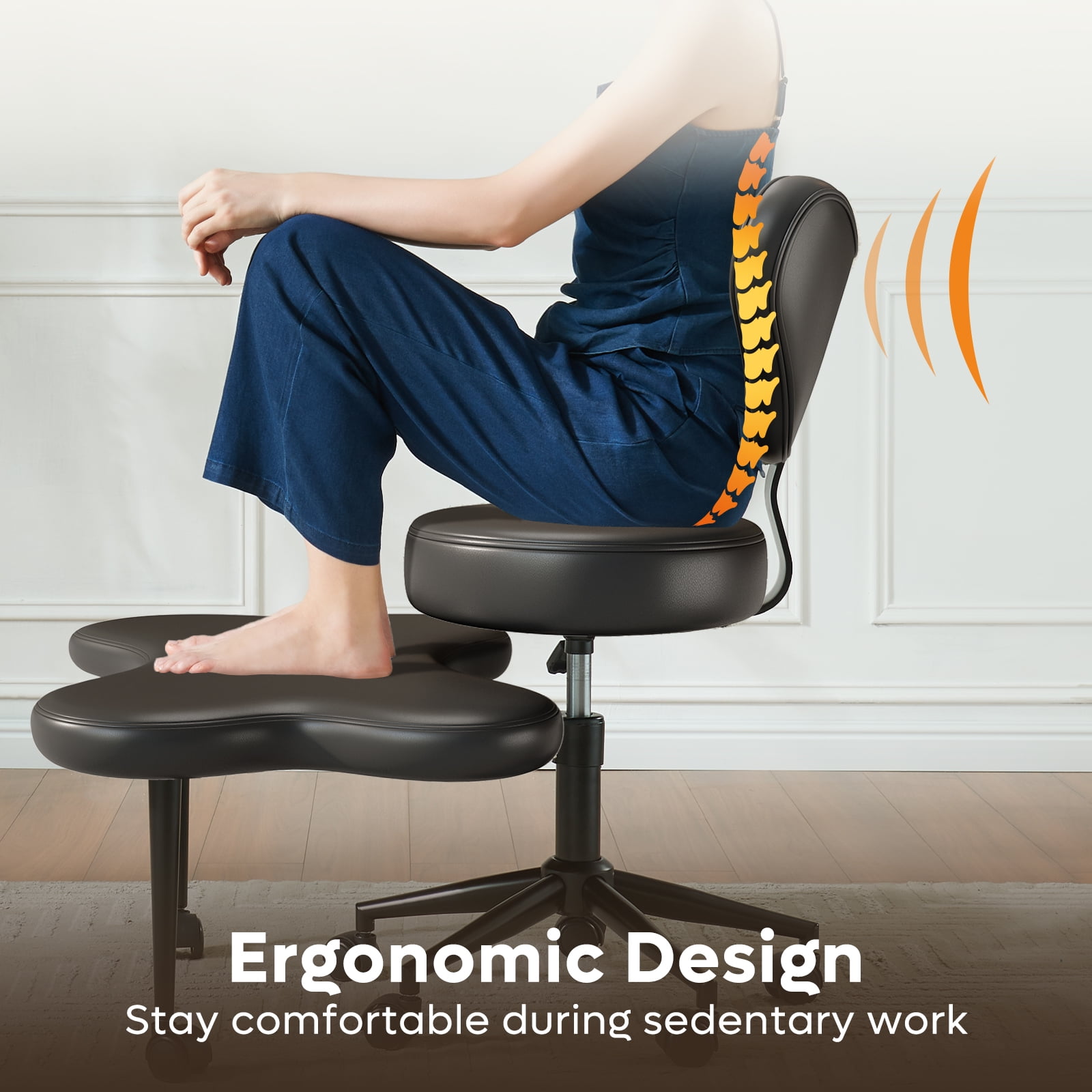 Pinmoco Cross Legged Office Chair, Black PU Leather Ergonomic Criss Cross Swivel Desk Chair, Comfy Task Chair for Home Office, Gaming& Meditation, Armless