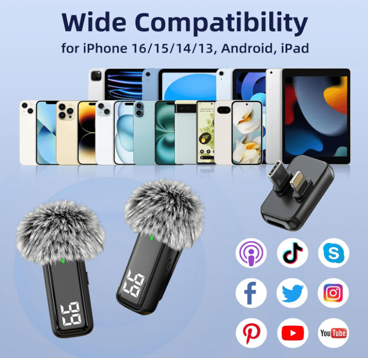 NPTCL Mini Wireless Lavalier Lapel Microphone for iPhone Android Phone - Noise Canceling Clip on Microphone, 2 in 1 USB C & Lightning Lav Mic for Audio Recording Tiktok Instagram Voiceover
