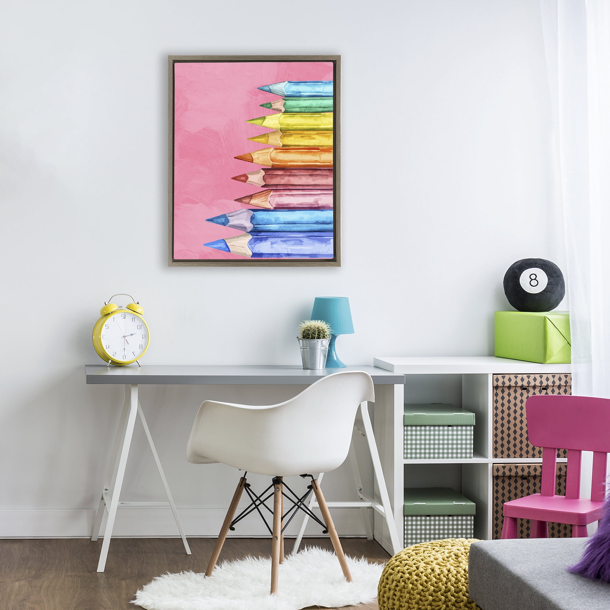 Stupell Industries Vibrant Pencils on Pink Brown Framed Floater Canvas Wall Art, design by Kim Allen